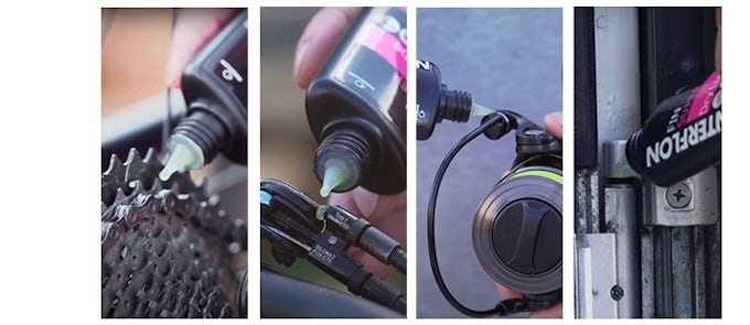 Collage de aplicaciones de aceite lubricante: aceite para cadenas de bici, aceite para cables de bici, aceite para cañas de pescar, aceite para bisagras.