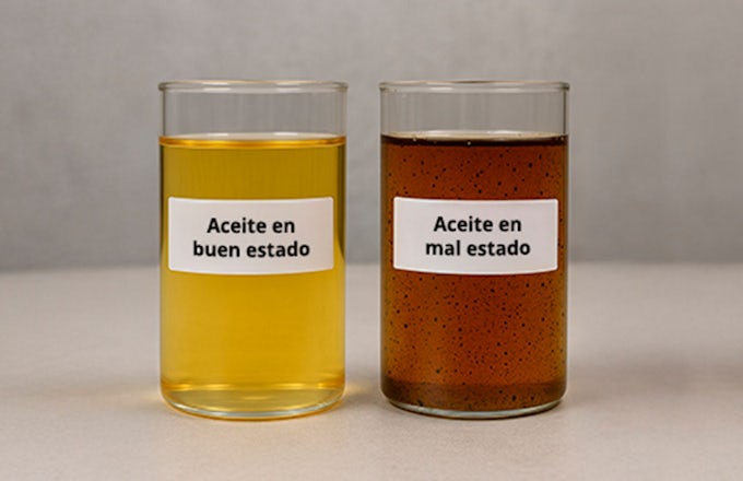 Comparativa de aceite nuevo en buena estado y aceite usado sucio