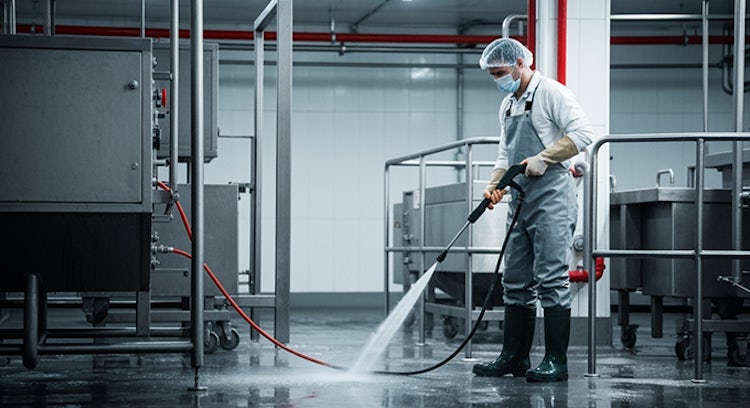 Operario de fábrica alimentaria realizando limpieza con manguera de agua a presión