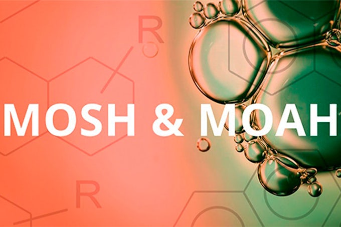 textos MOSH y MOAH sobre un fondo de partículas