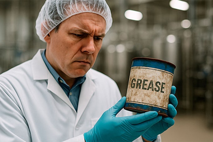 Auditor revisando bote grasa alimentaria mal estado