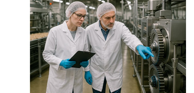 Auditores con bata blanca y guantes azules inspeccionando engranajes de maquinaria en una fábrica de alimentación