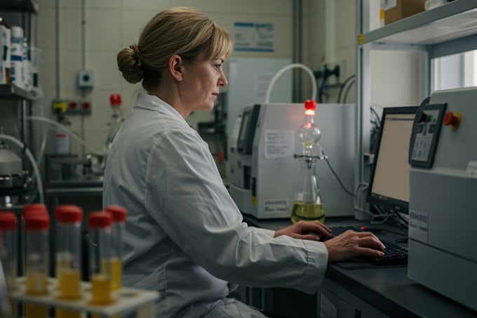 Técnica de laboratorio revisando FDS y FDT en para desarrollo de lubricantes industriales Interflon.