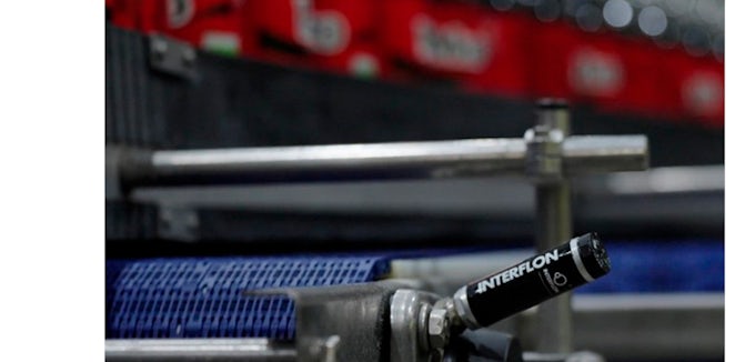 Lubricador automático Interflon instalado en maquinaria industrial de planta embotelladora