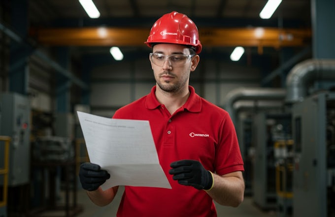 Responsable de mantenimiento industrial de Interflon revisando ficha técnica de lubricante en almacén de producción.